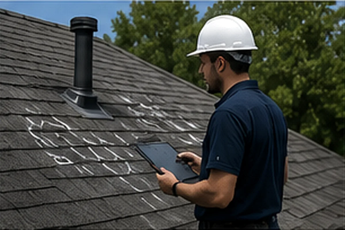 Roof inspector documenting damaged shingles