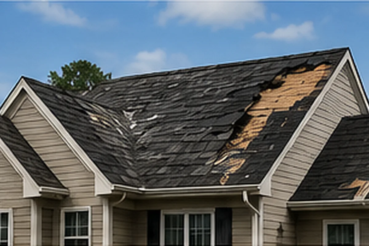 Residential roof with missing and damaged shingles
