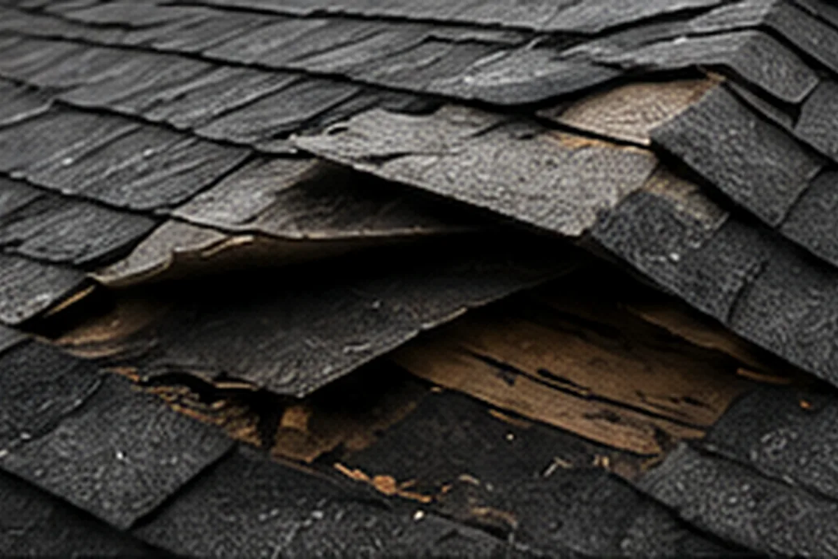 Wind-lifted shingles exposing the roof deck