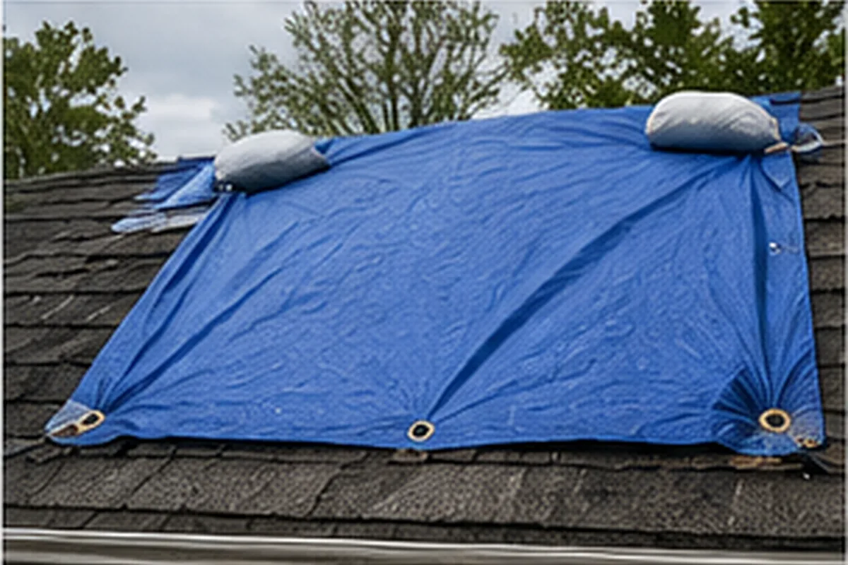 Temporary blue tarp protecting a damaged roof